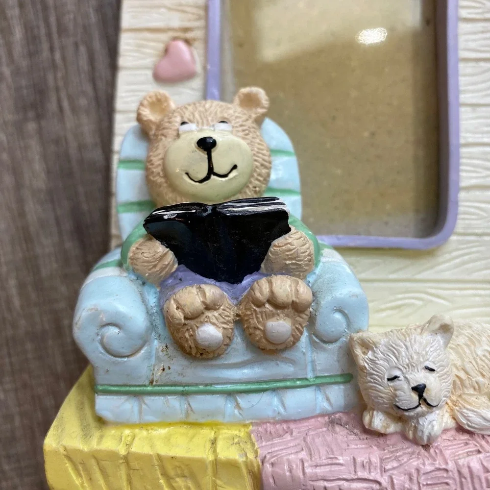 Vintage Style Teddy Bear Resin Double Photo Frame Music Theme Pastel, Cat